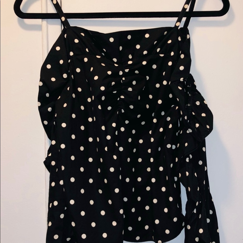 Structured Polka Dot Off Shoulder Ruffled Top - Picture 8 of 10